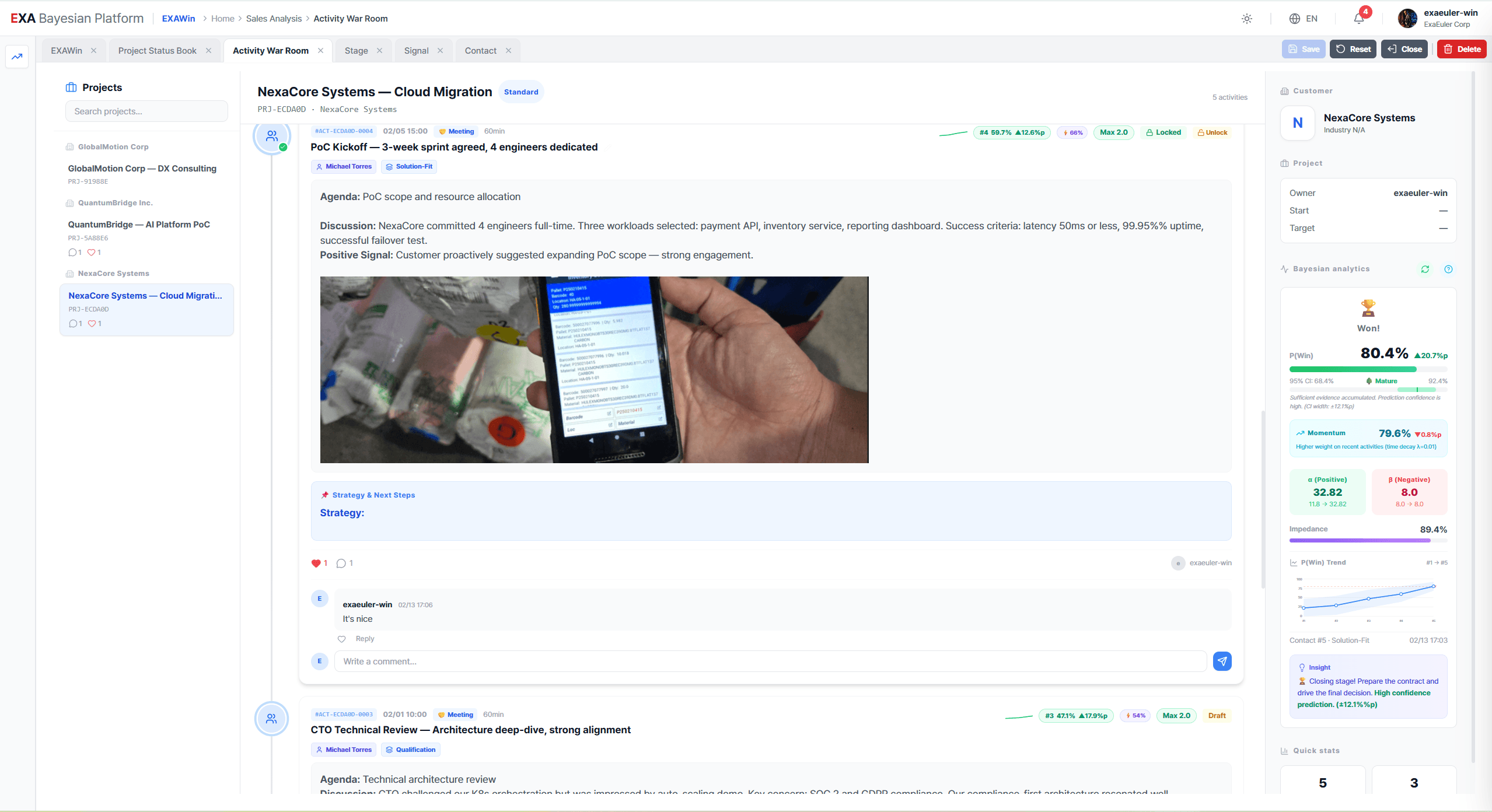 EXAWin Activity War Room — Real-time sales activity timeline with Bayesian analytics