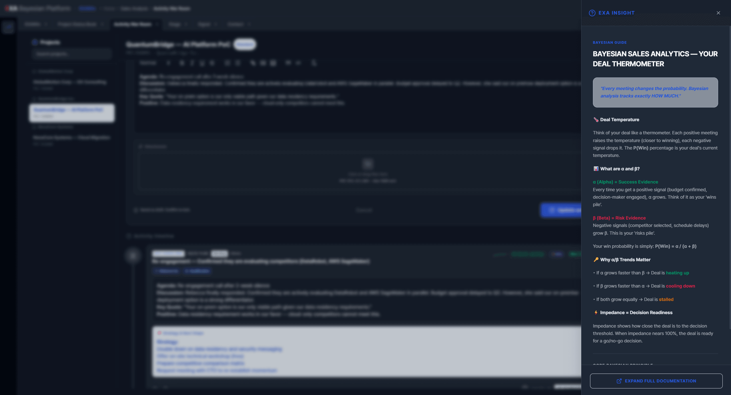 EXA Insight — Contextual help drawer explaining Bayesian analytics in real-time